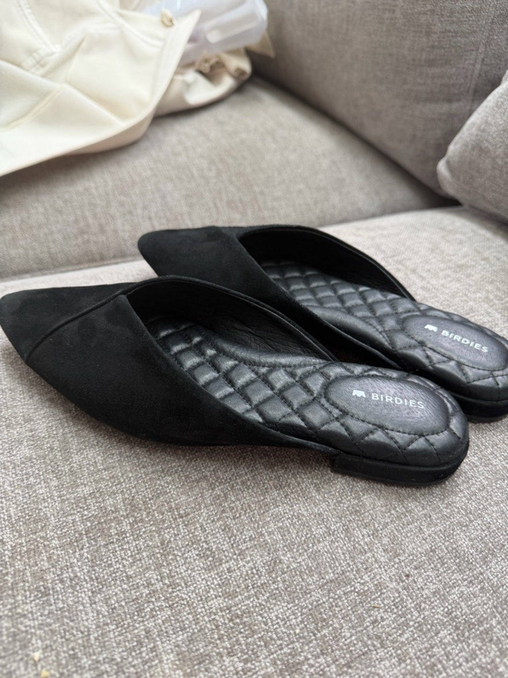 Birdies the Swan black suede mules